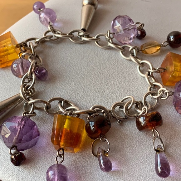 VINTAGE CHARM BRACELET HEART AMETHYST AMBER GARNET 925 STERLING SILVER UNIQUE - Picture 5 of 16